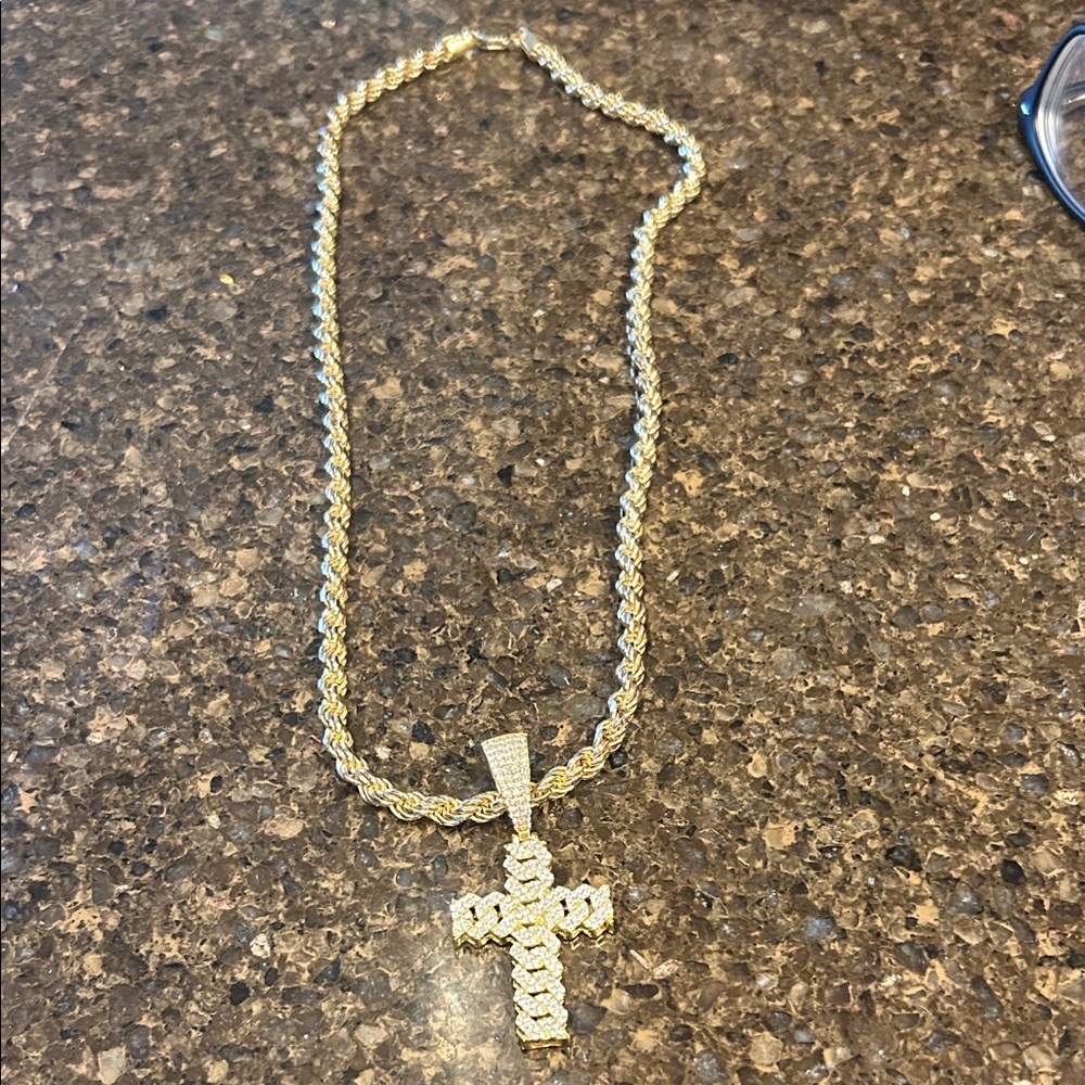 Gold (vermeil)Rope Chain Necklace with Cross Pendant - men/women Jewelry
